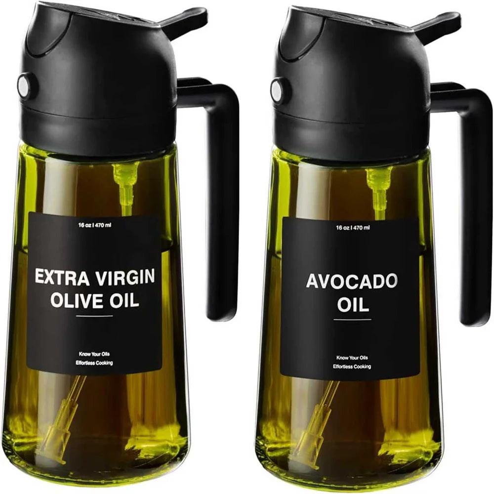 2-i-1 glassoljedispenser og sprayer - 470 ml/16 oz lekkasjesikker olivenoljesprayflaske for matlaging, airfryer, grilling, baking, salat