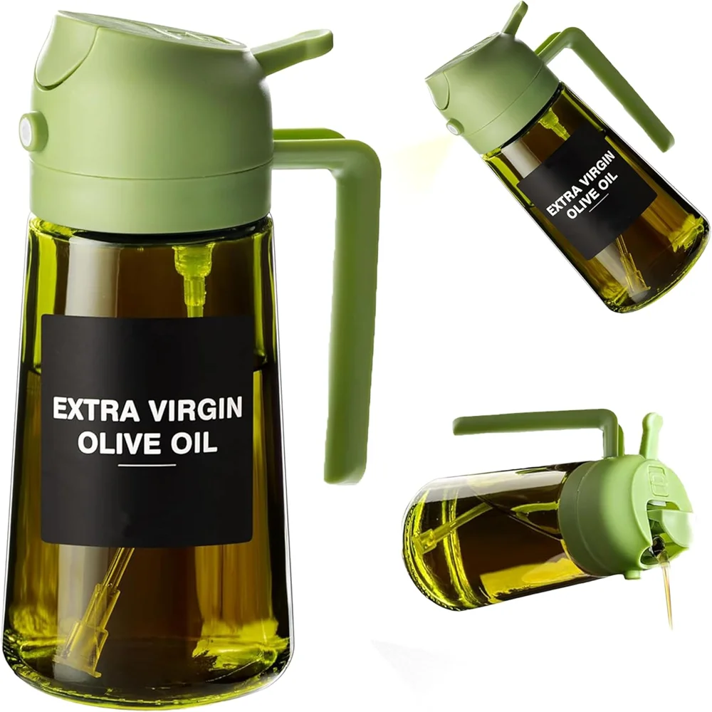 2-in-1 Glass Oil Dispenser & Sprayer - 470ml/16oz Leakproof Olive Oil Sprayer Bottle for Cooking, Air Fryer, BBQ, Baking, Salad