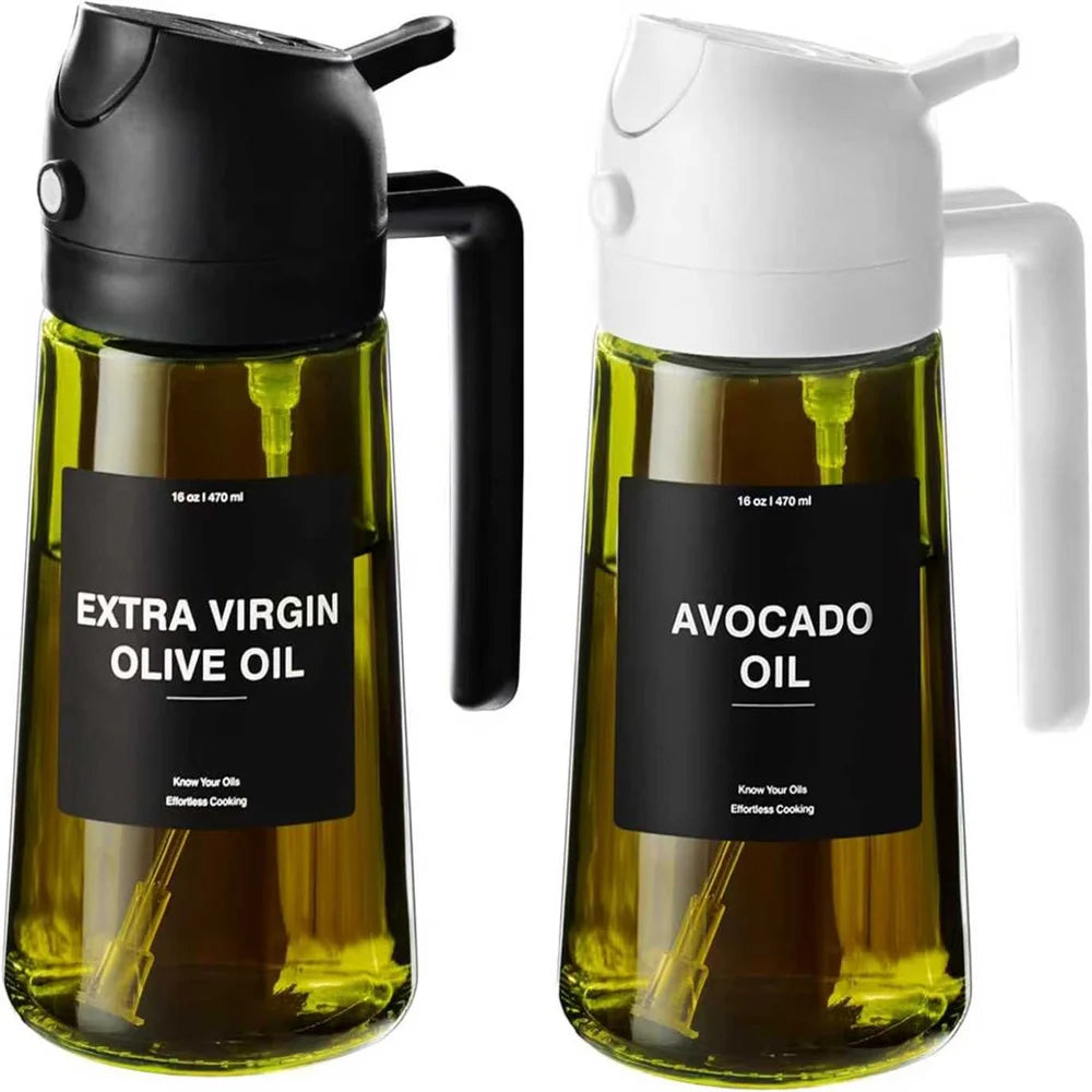 Dispensador y pulverizador de aceite de vidrio 2 en 1 - Botella pulverizadora de aceite de oliva a prueba de fugas de 470 ml/16 oz para cocinar, freidora de aire, barbacoa, repostería y ensaladas.