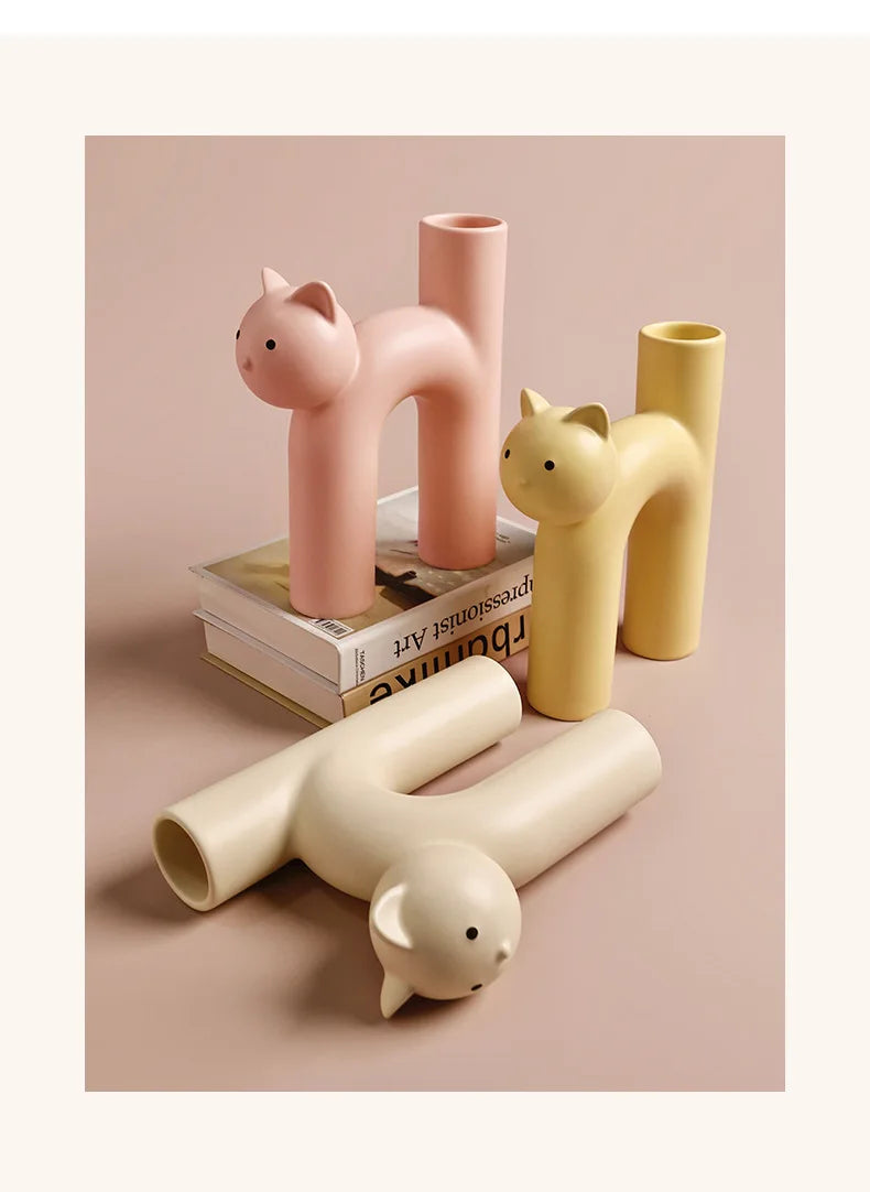 Cute Cat Vase Cathead H-shaped Tube Vase Flower Arrangement Hydroponics Accessories Home Furnishing Decoration Vases Pots