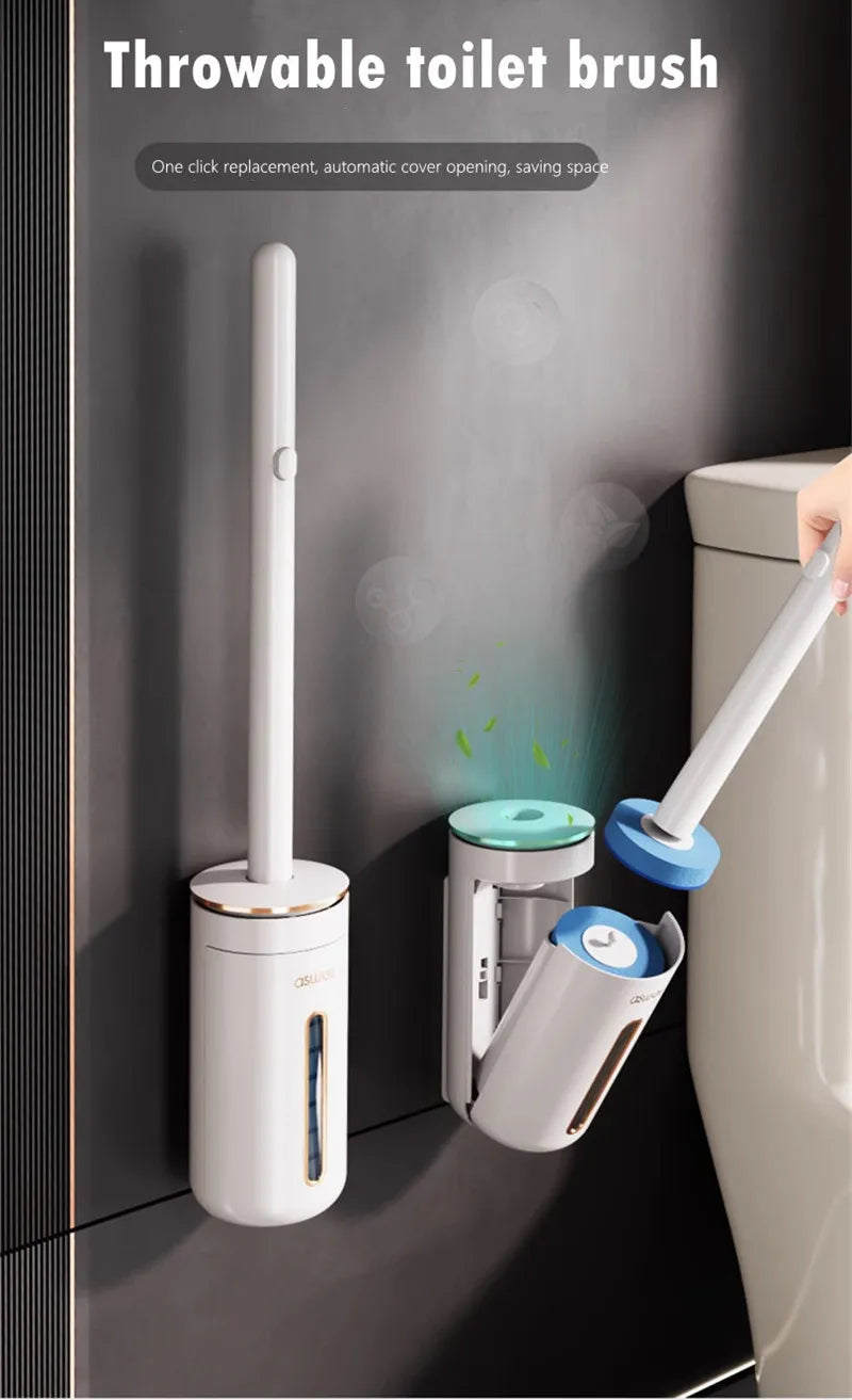 Wall-mounted Disposable Toilet Brush with Replaceable, Bathroom Cleaning Tools WC