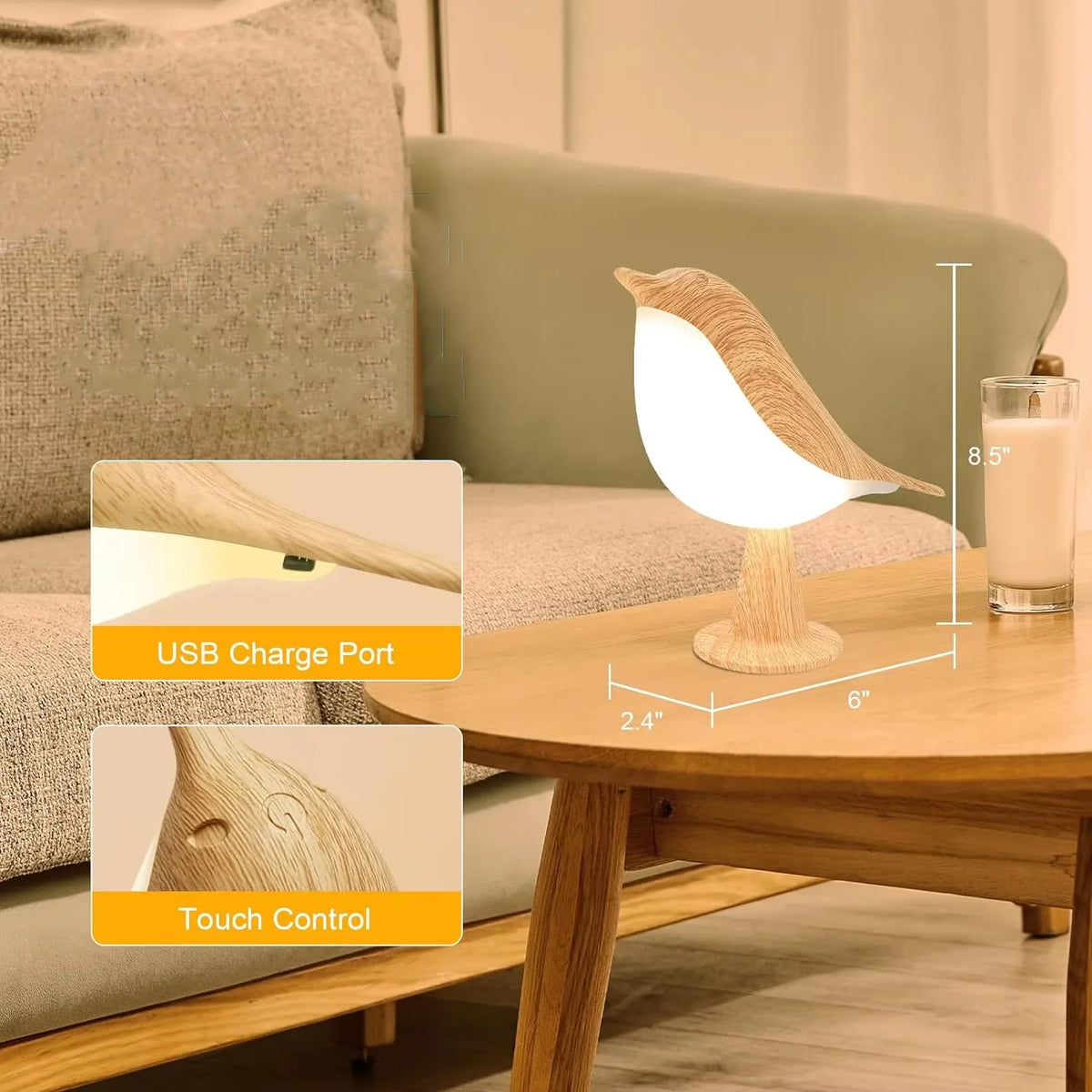 LED Touch - Control Bird Lamp - Art Deco, 3-Levels Dimmable, USB-Cordless with Rechargeable Battery