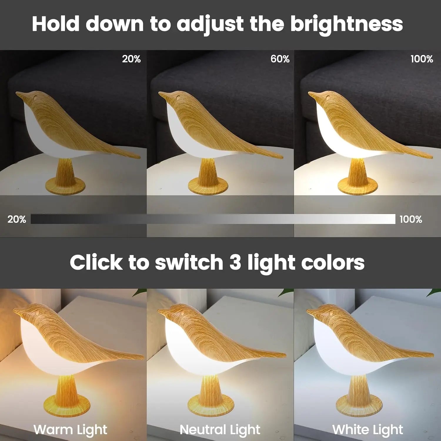 LED Touch - Control Bird Lamp - Art Deco, 3-Levels Dimmable, USB-Cordless with Rechargeable Battery