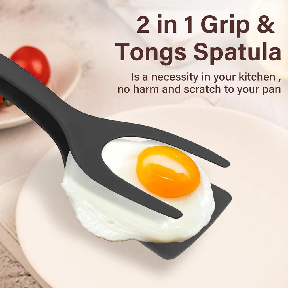 2 in 1 Grip Flip Spatula Tongs Egg Flipper Spatula Nylon Non Stick Coating Pancake Fish French Toast Omelet Making Tool