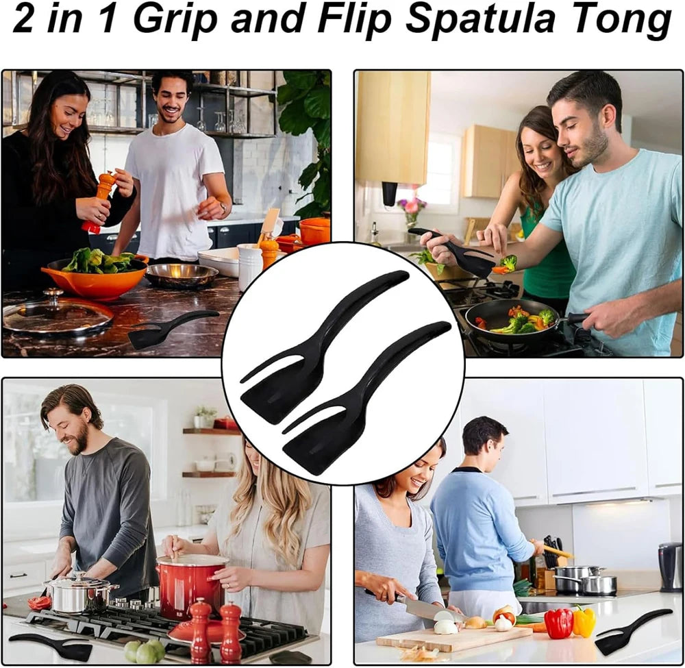 2 in 1 Grip Flip Spatula Tongs Egg Flipper Spatula Nylon Non Stick Coating Pancake Fish French Toast Omelet Making Tool