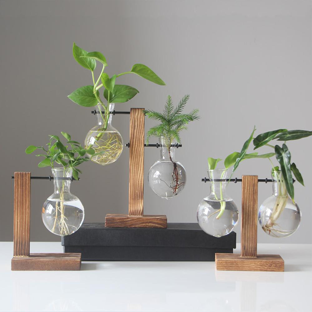 Glass Desktop Planter Bulb Vase Wooden Stand Hydroponic Plant Container Home Tabletop Decor Vases
