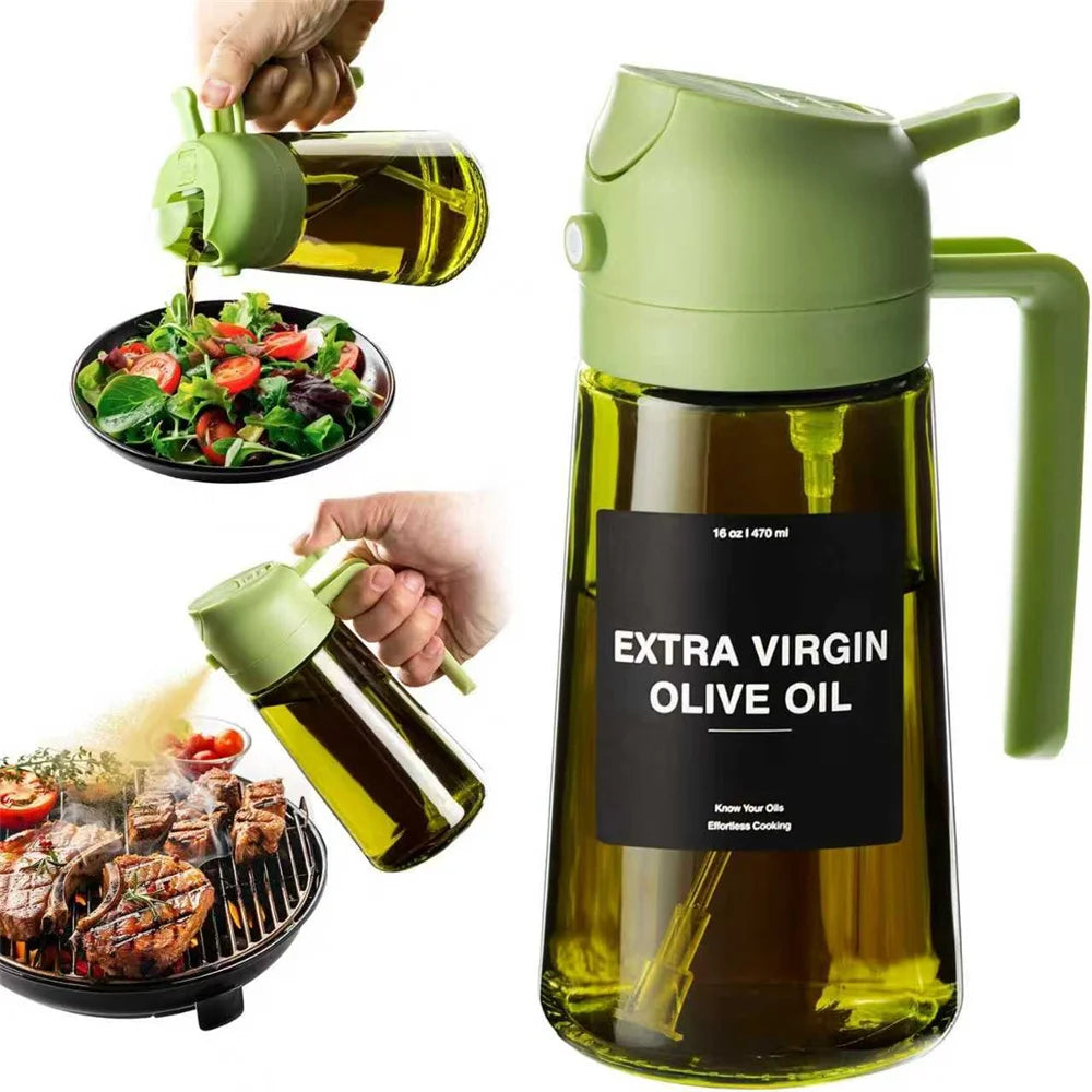 2-in-1 Glass Oil Dispenser & Sprayer - 470ml/16oz Leakproof Olive Oil Sprayer Bottle for Cooking, Air Fryer, BBQ, Baking, Salad
