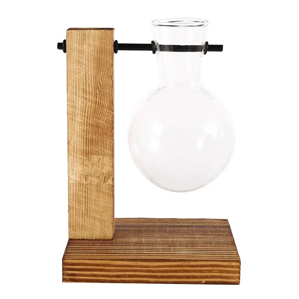 Glass Desktop Planter Bulb Vase Wooden Stand Hydroponic Plant Container Home Tabletop Decor Vases