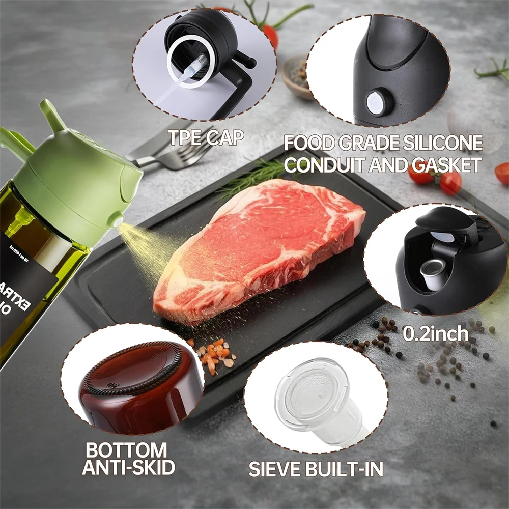 2-in-1 Glass Oil Dispenser & Sprayer - 470ml/16oz Leakproof Olive Oil Sprayer Bottle for Cooking, Air Fryer, BBQ, Baking, Salad
