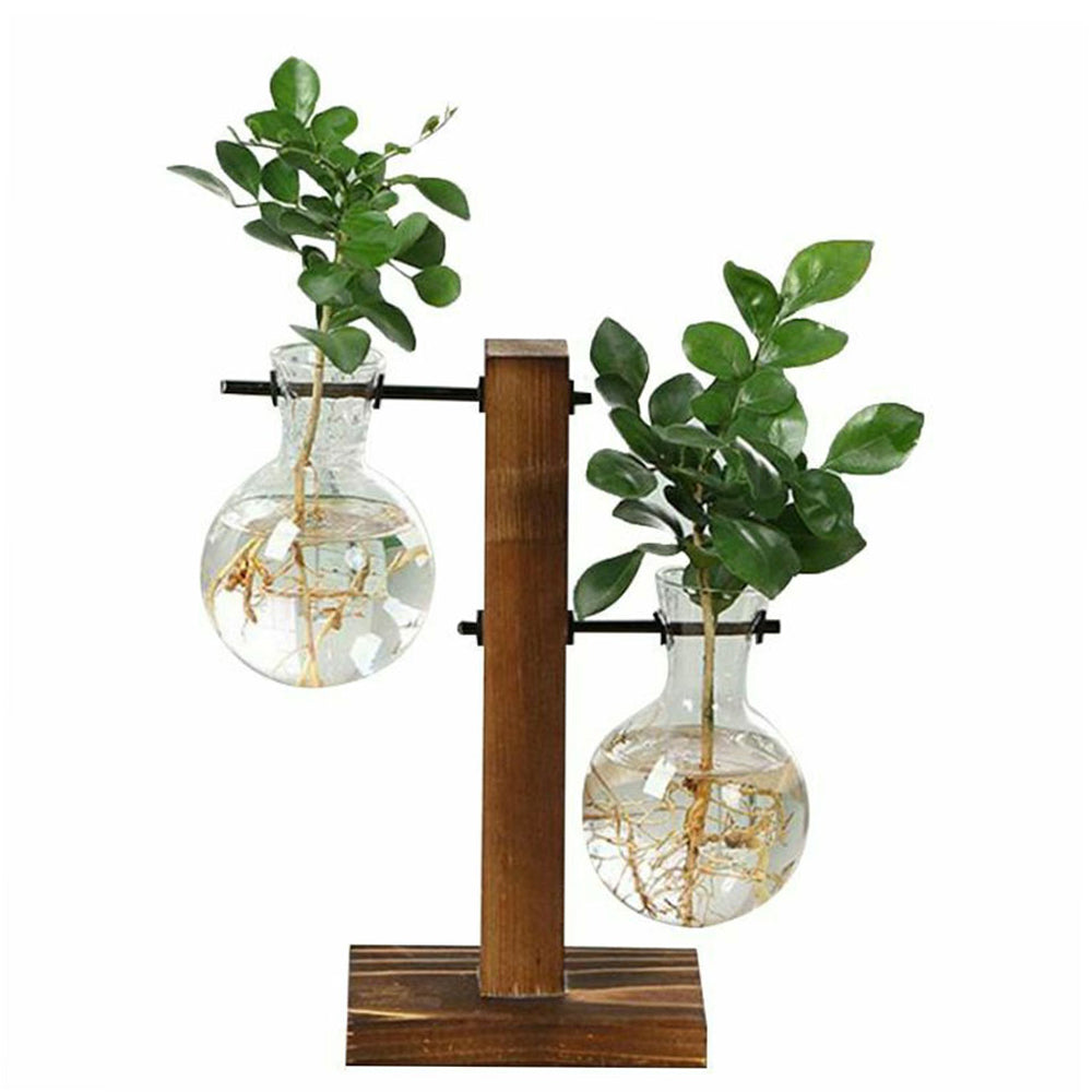 Glass Desktop Planter Bulb Vase Wooden Stand Hydroponic Plant Container Home Tabletop Decor Vases