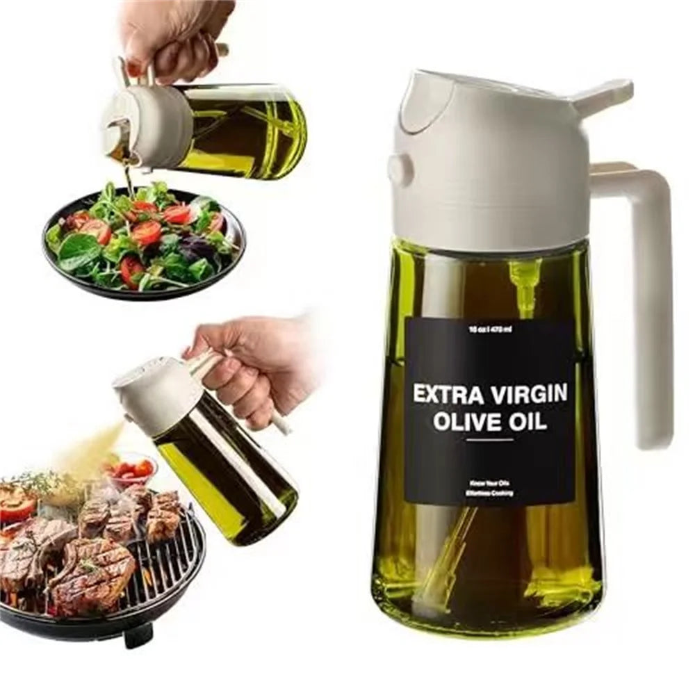 2-in-1 Glass Oil Dispenser & Sprayer - 470ml/16oz Leakproof Olive Oil Sprayer Bottle for Cooking, Air Fryer, BBQ, Baking, Salad