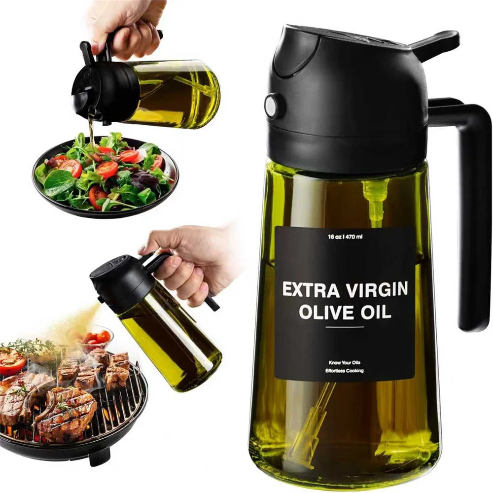 2-in-1 Glass Oil Dispenser & Sprayer - 470ml/16oz Leakproof Olive Oil Sprayer Bottle for Cooking, Air Fryer, BBQ, Baking, Salad