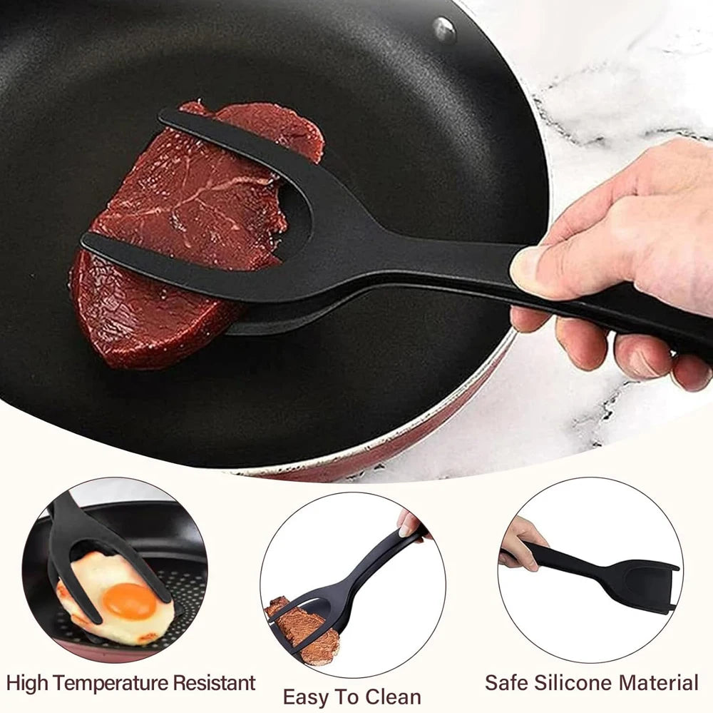 2 in 1 Grip Flip Spatula Tongs Egg Flipper Spatula Nylon Non Stick Coating Pancake Fish French Toast Omelet Making Tool