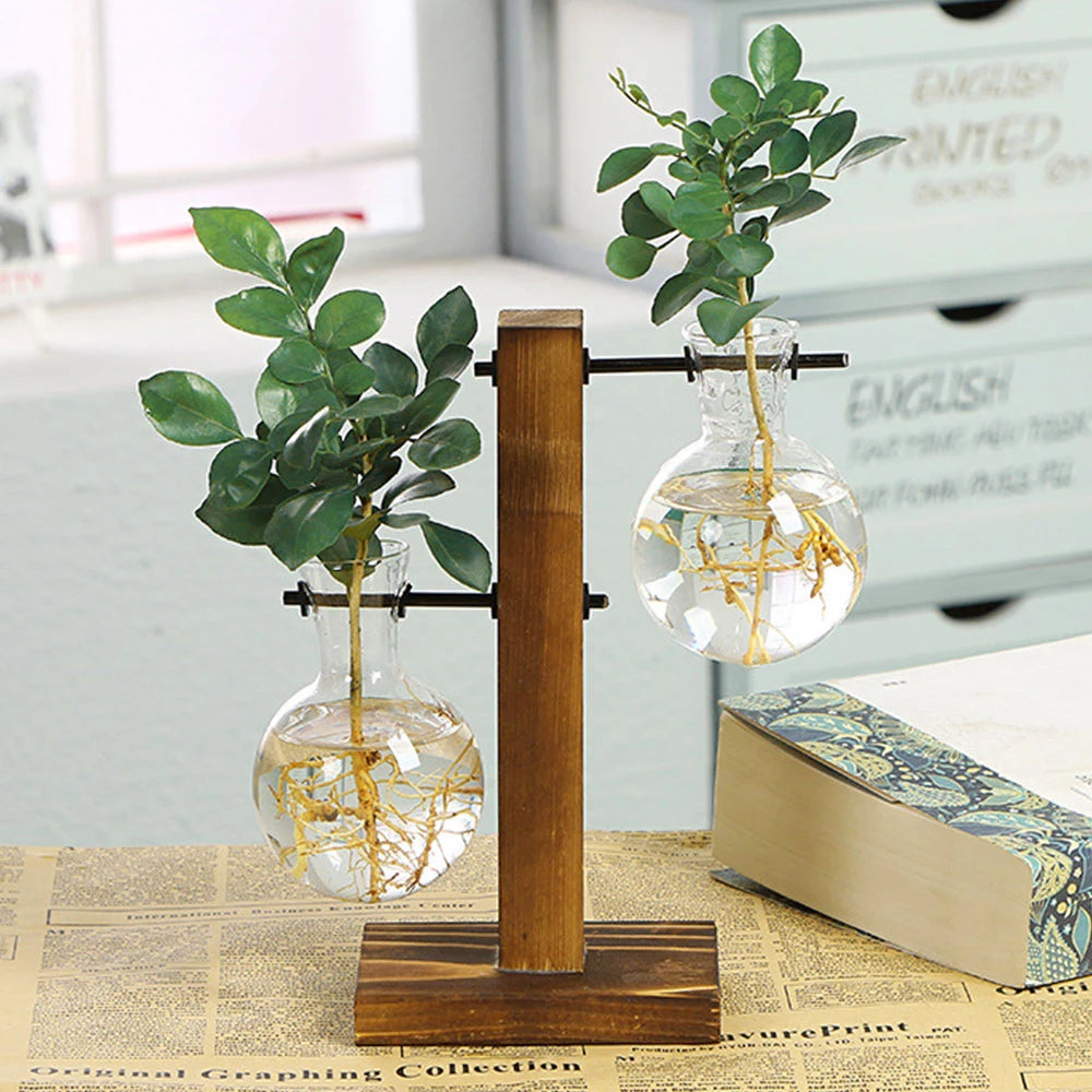 Glass Desktop Planter Bulb Vase Wooden Stand Hydroponic Plant Container Home Tabletop Decor Vases
