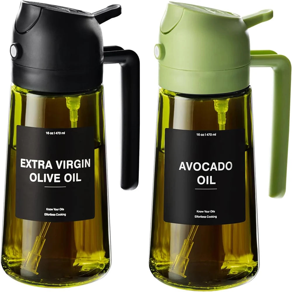 2-in-1 Glass Oil Dispenser & Sprayer - 470ml/16oz Leakproof Olive Oil Sprayer Bottle for Cooking, Air Fryer, BBQ, Baking, Salad