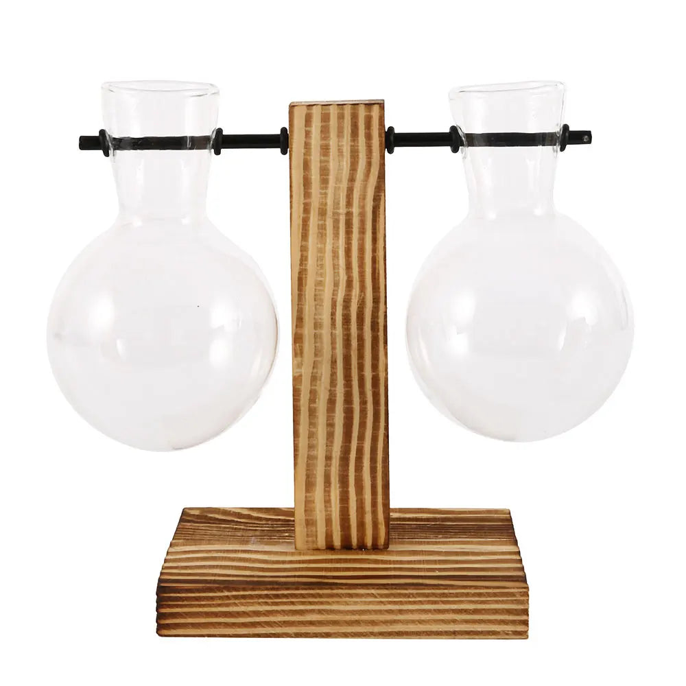 Glass Desktop Planter Bulb Vase Wooden Stand Hydroponic Plant Container Home Tabletop Decor Vases