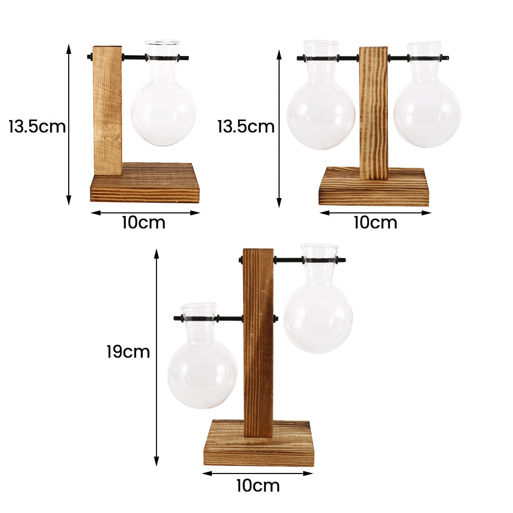 Glass Desktop Planter Bulb Vase Wooden Stand Hydroponic Plant Container Home Tabletop Decor Vases