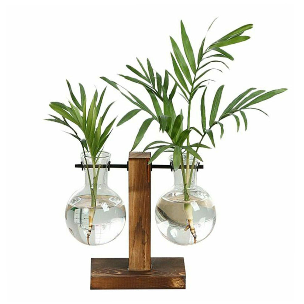 Glass Desktop Planter Bulb Vase Wooden Stand Hydroponic Plant Container Home Tabletop Decor Vases
