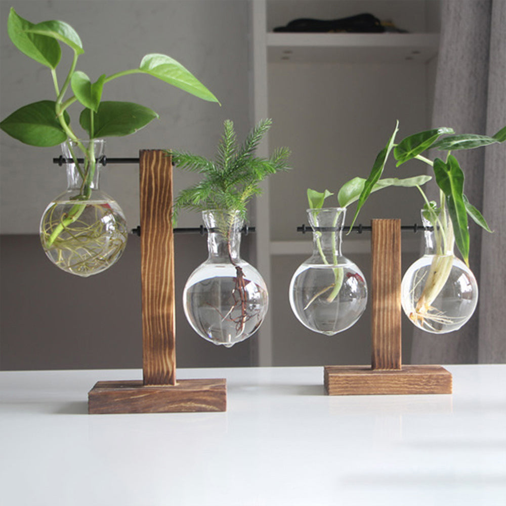 Glass Desktop Planter Bulb Vase Wooden Stand Hydroponic Plant Container Home Tabletop Decor Vases