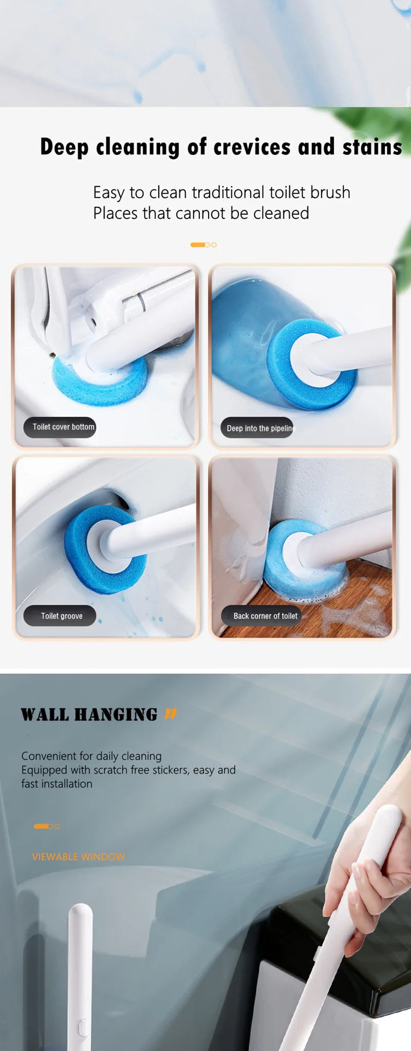 Wall-mounted Disposable Toilet Brush with Replaceable, Bathroom Cleaning Tools WC